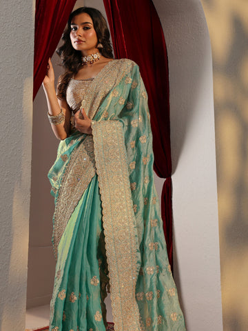 Libas Art Blue Embellished Tissue Saree With Unstitched Blouse Piece