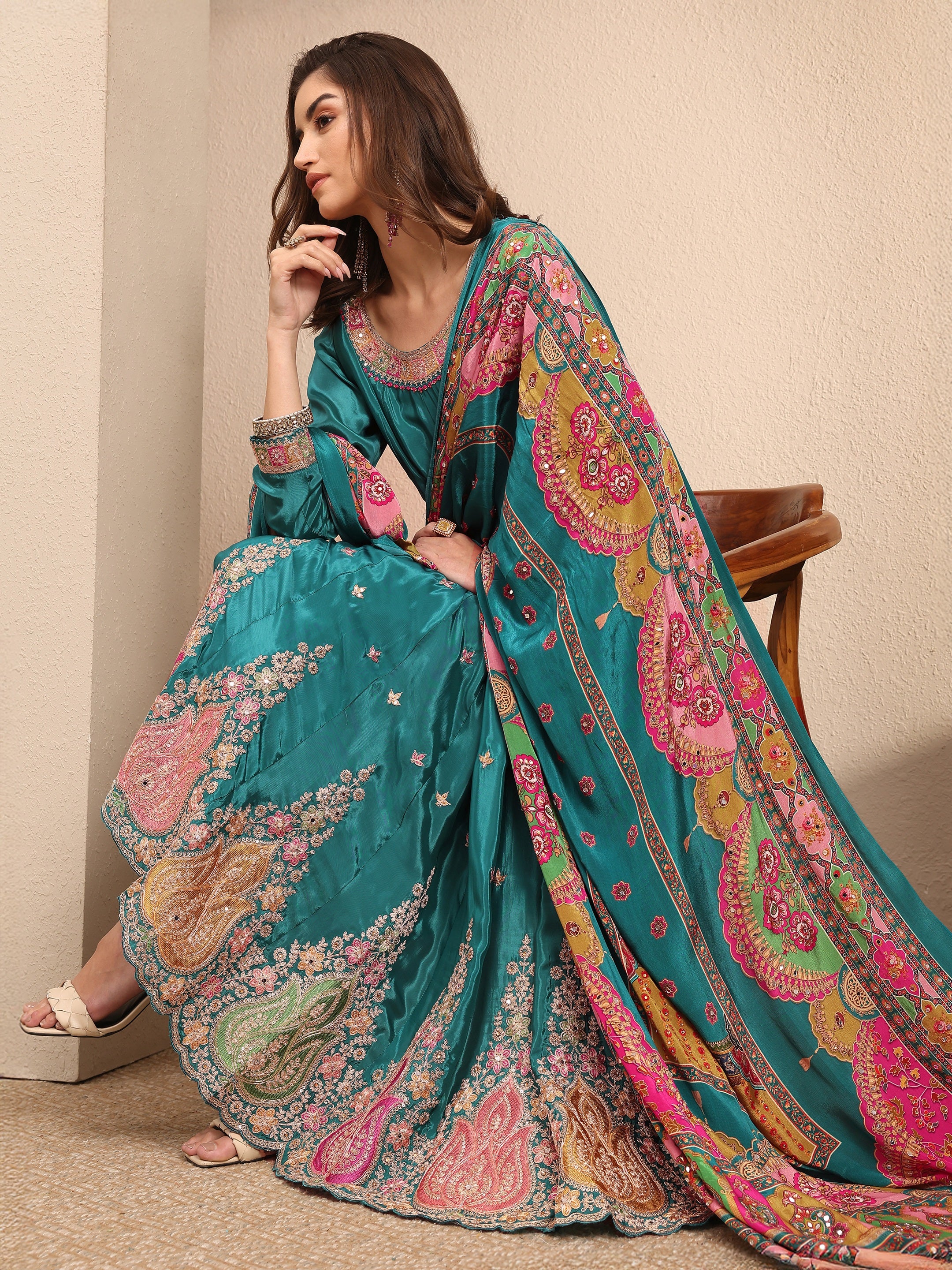 Libas Art Blue Embroidered Crepe Anarkali Suit Set With Dupatta-picture-37