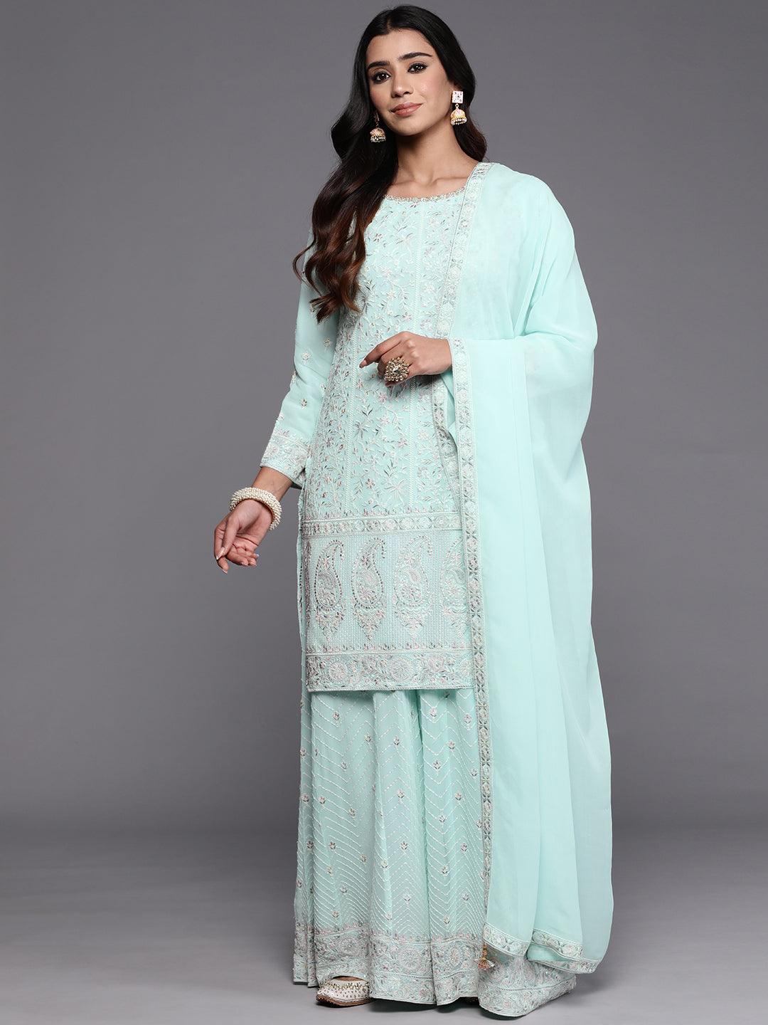 Libas Art Blue Embroidered Georgette Straight Suit With Dupatta