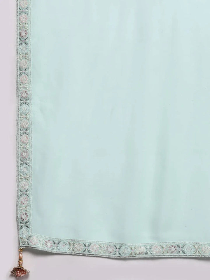 Libas Art Blue Embroidered Georgette Straight Kurta With Palazzos & Dupatta - Libas