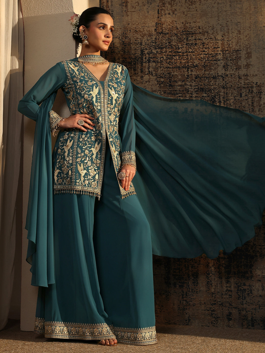  Libas Art Blue Embroidered Georgette Straight Suit Set With Dupatta 