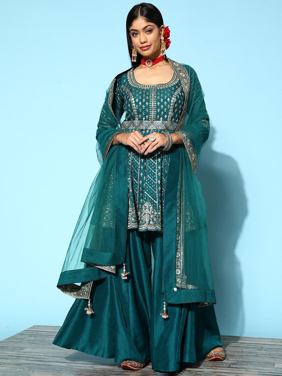 LIbas Art Blue Embroidered Silk A-Line Suit Set With Palazzos