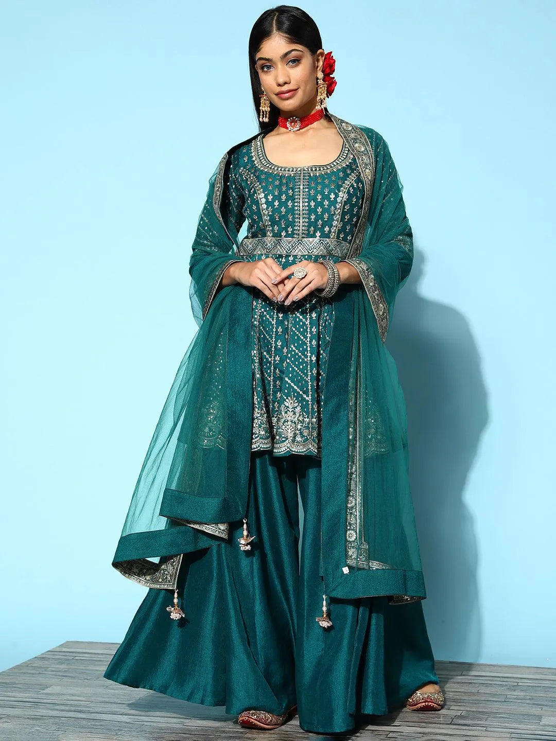 

LIbas Art Blue Embroidered Silk A-Line Suit Set With Palazzos