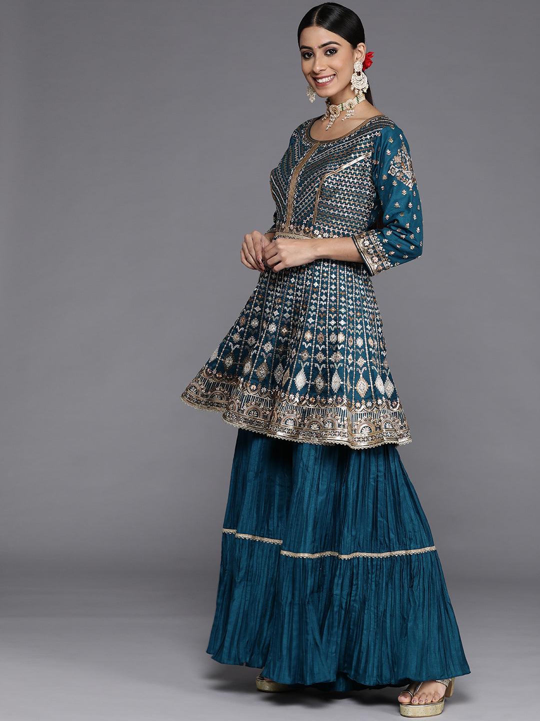 Libas Art Blue Embroidered Silk Anarkali Suit Set