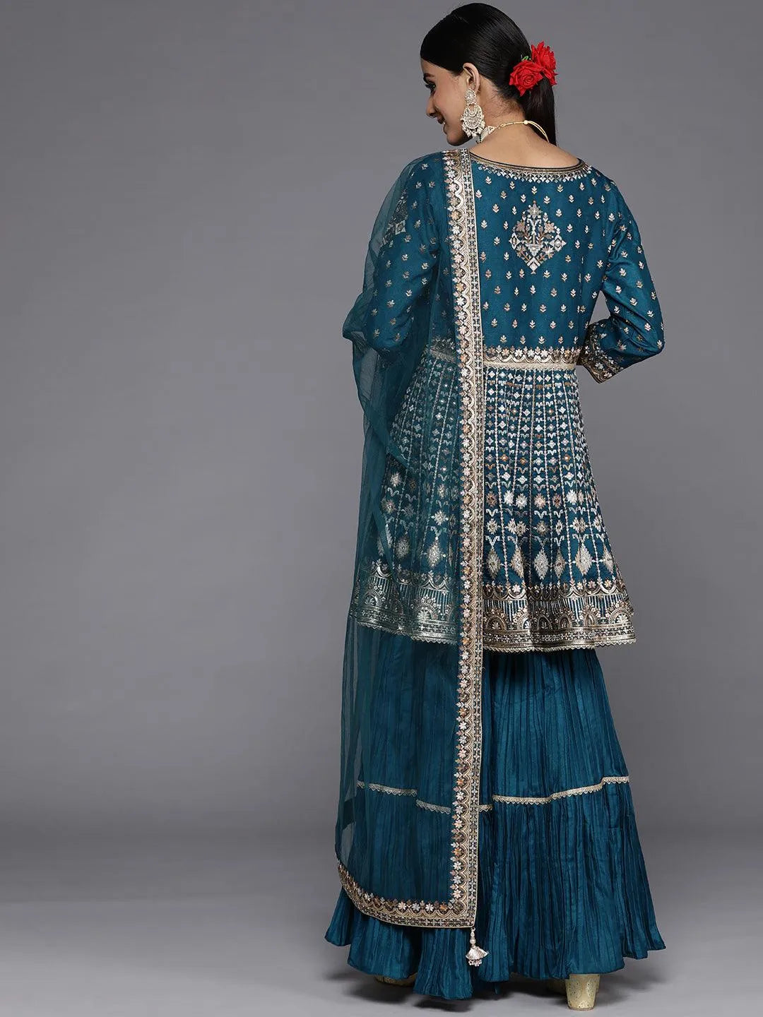 Libas Art Blue Embroidered Silk Anarkali Suit Set - Libas 