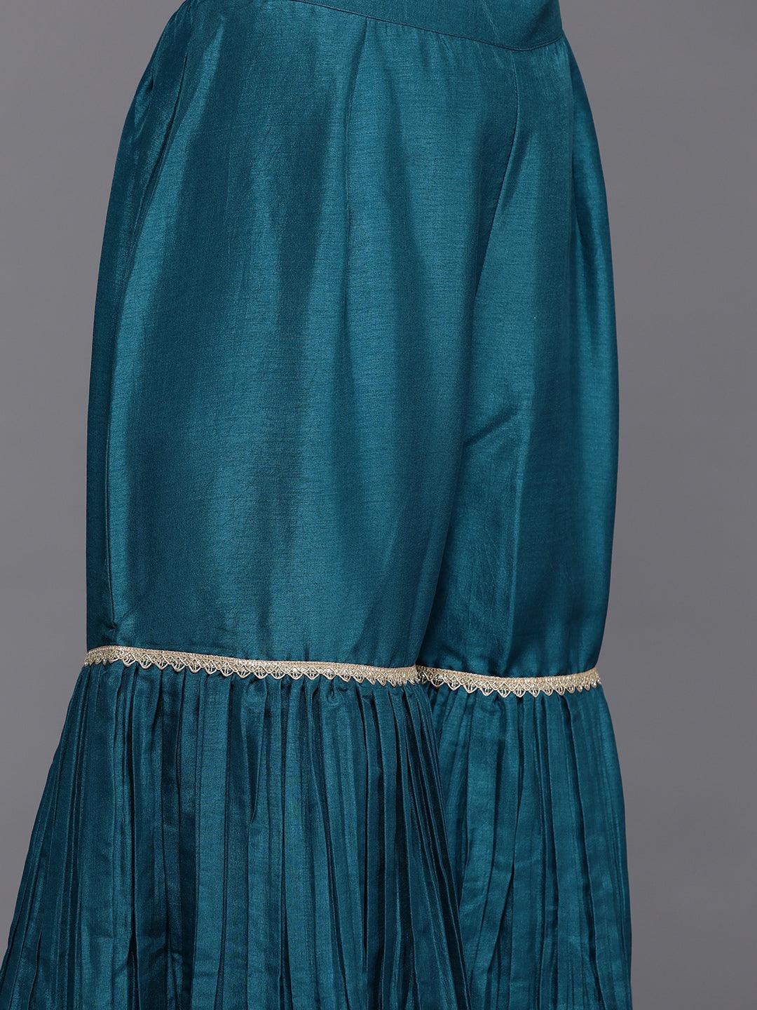 Libas Art Blue Embroidered Silk Anarkali Suit Set - Libas