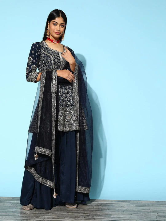 Libas Art Teal Embroidered Georgette A-Line Suit Set With Palazzos