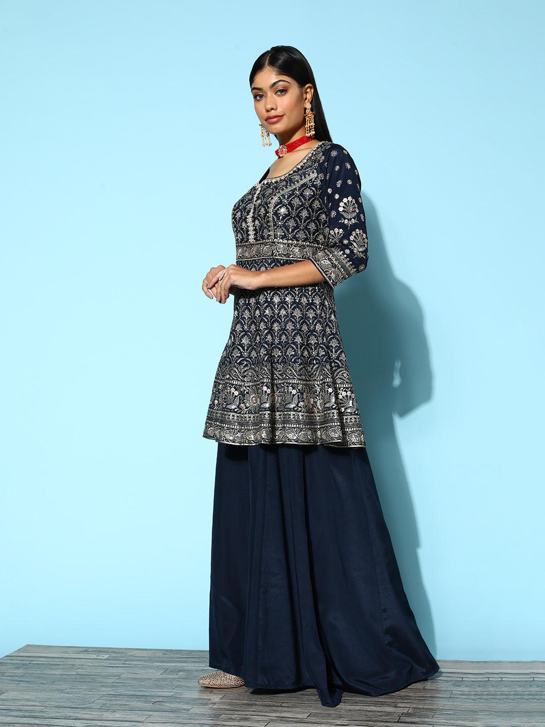 Libas Art Blue Embroidered Silk Anarkali Suit Set With Palazzos