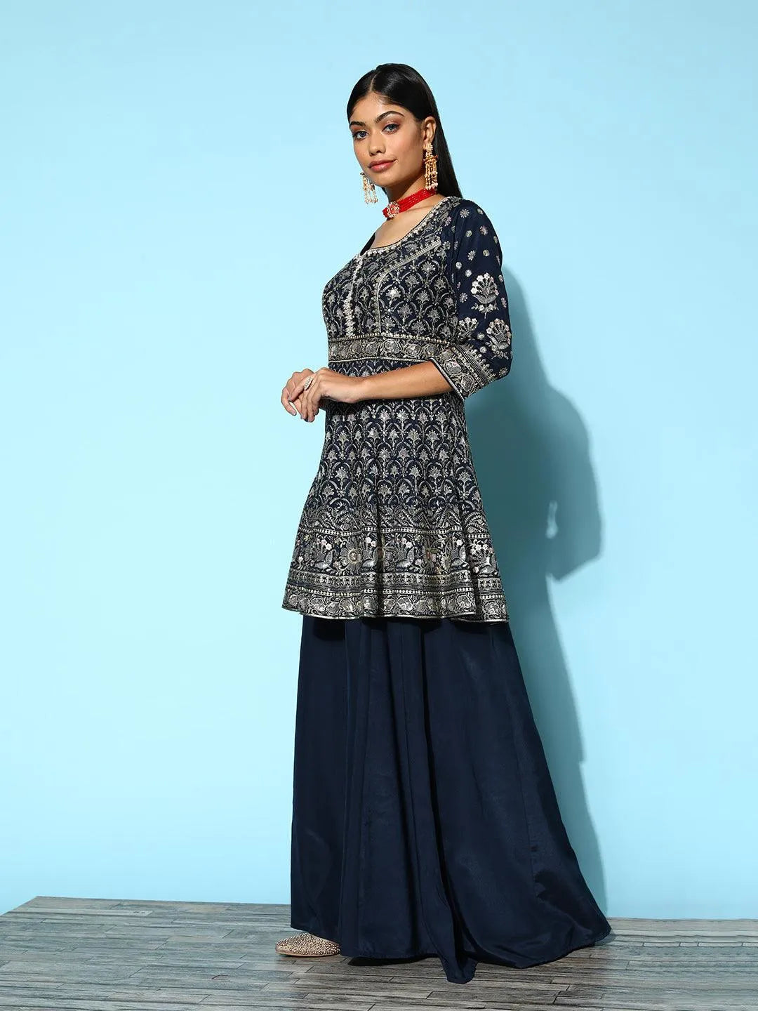 Libas Art Blue Embroidered Silk Anarkali Suit Set With Palazzos - Libas