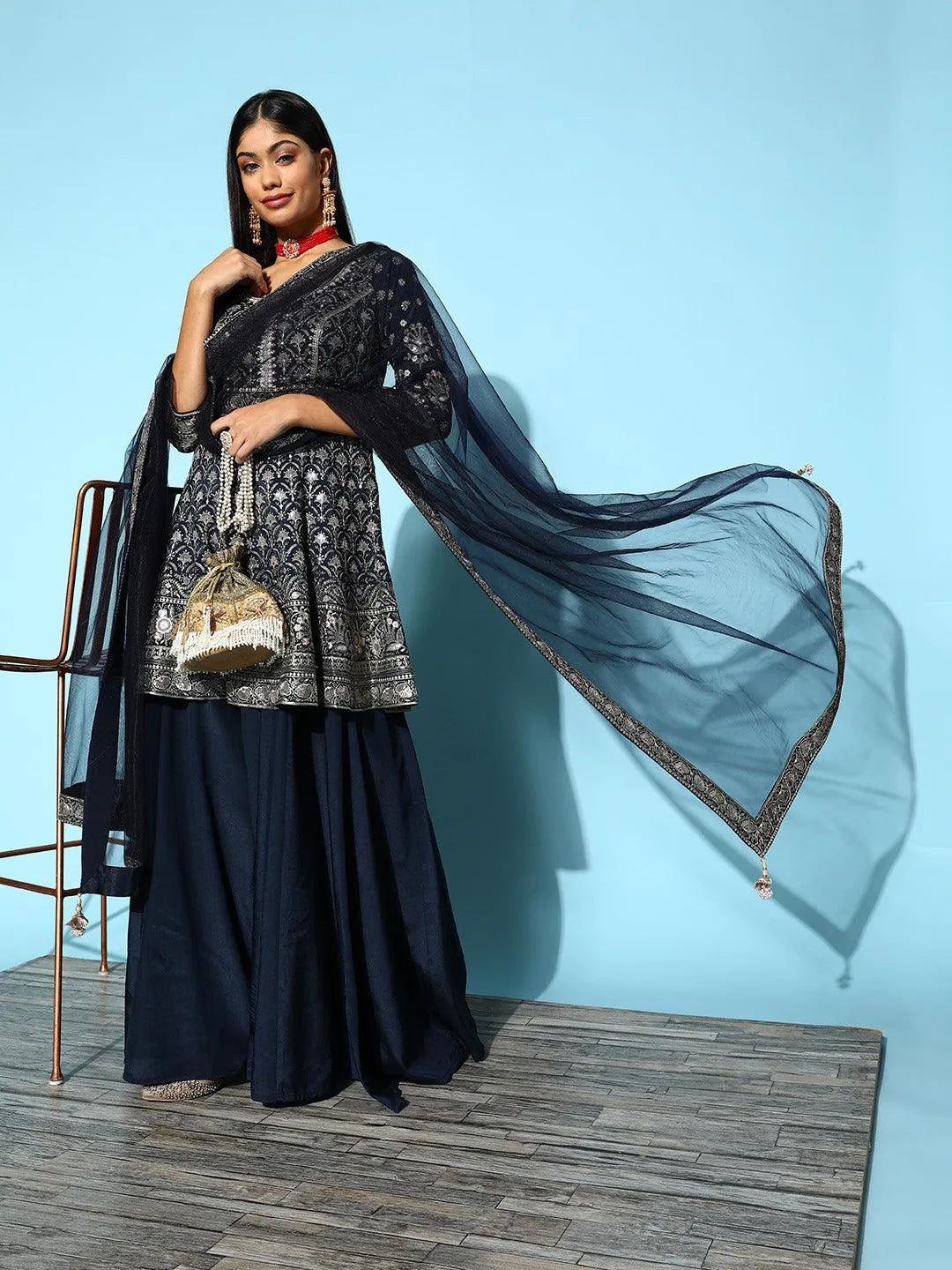 Libas Art Blue Embroidered Silk Anarkali Suit Set With Palazzos - Libas 