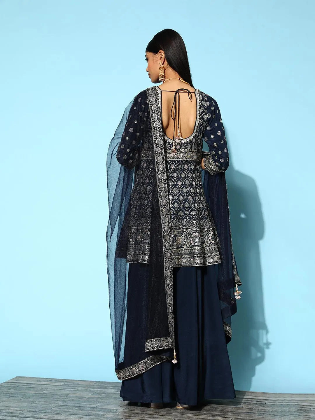 Libas Art Blue Embroidered Silk Anarkali Suit Set With Palazzos - Libas