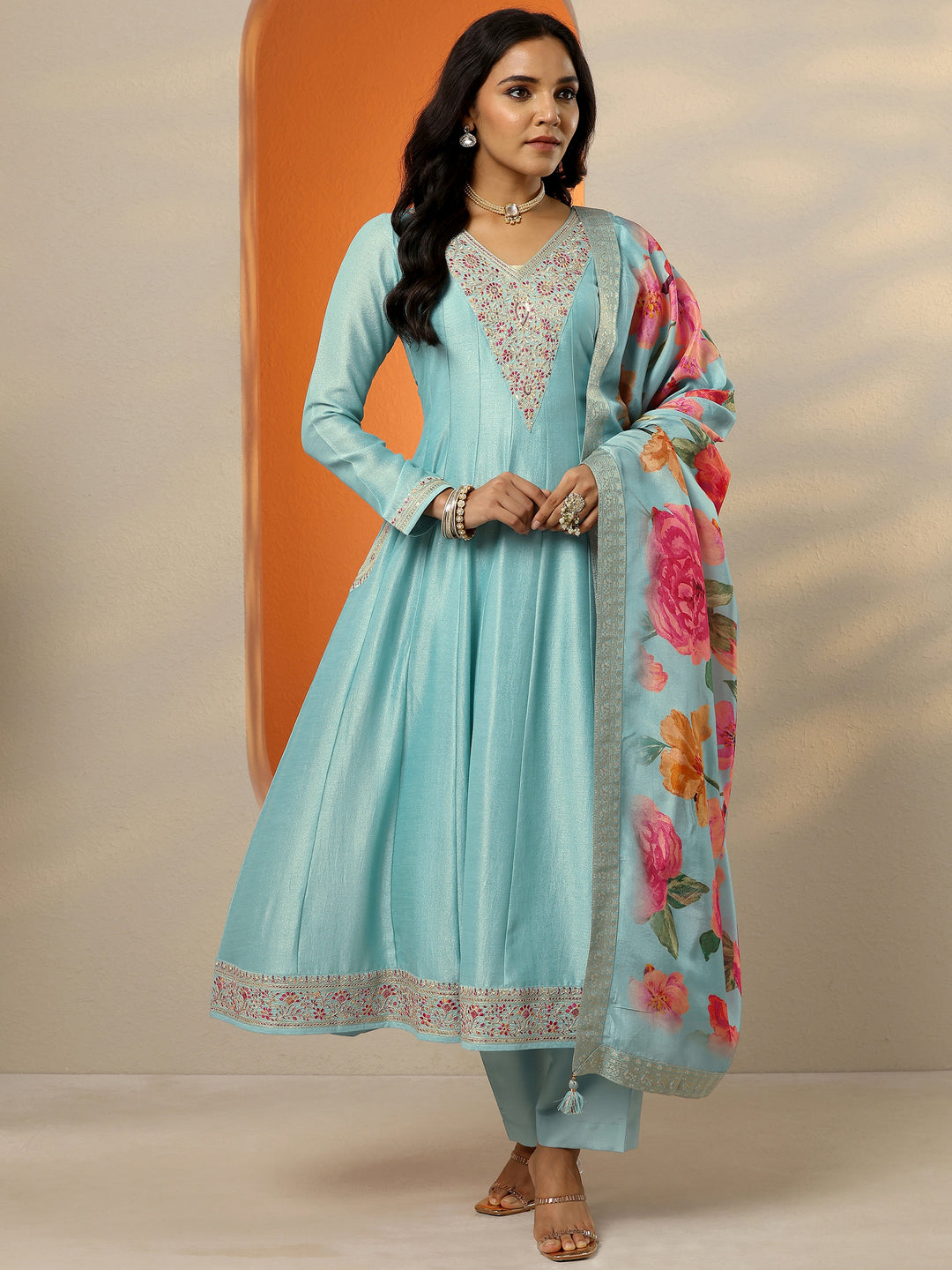 Libas Art Blue Embroidered Silk Blend Anarkali Suit Set With Dupatta