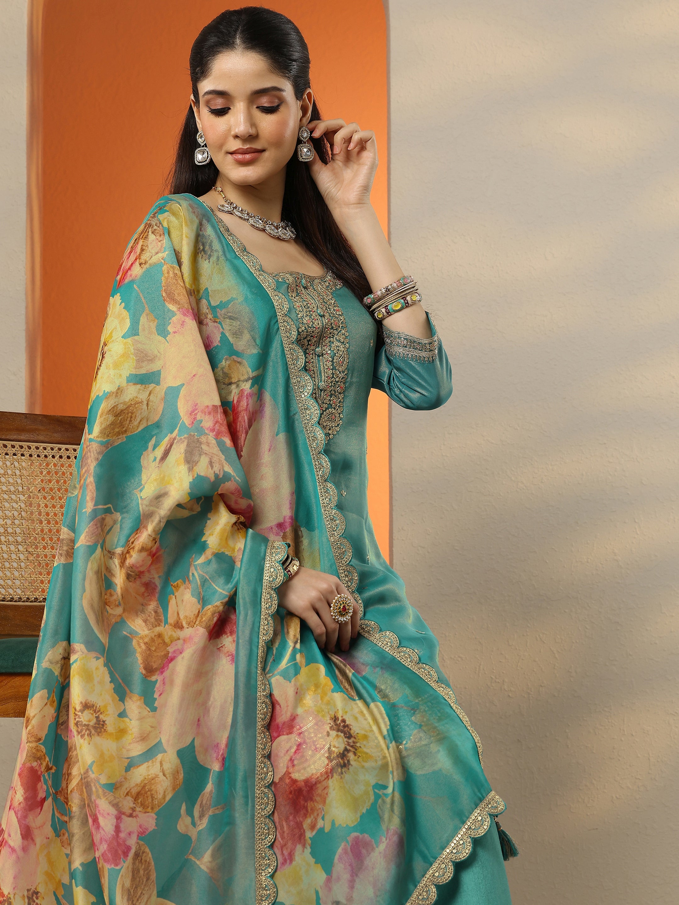 Libas Art Blue Embroidered Silk Blend Straight Suit Set With Dupatta-picture-27