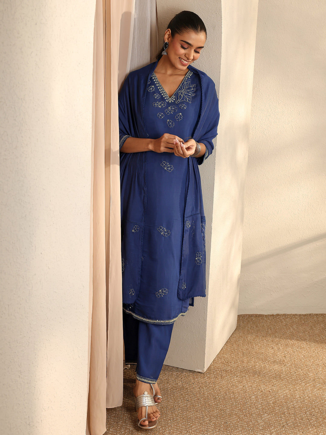 Libas Art Blue Embroidered Silk Blend Straight Suit Set With Dupatta