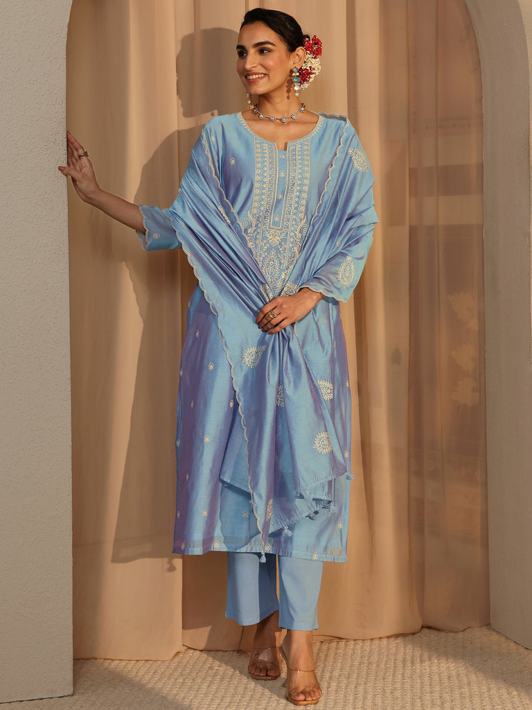 Libas Art Blue Embroidered Silk Blend Straight Suit Set With Dupatta