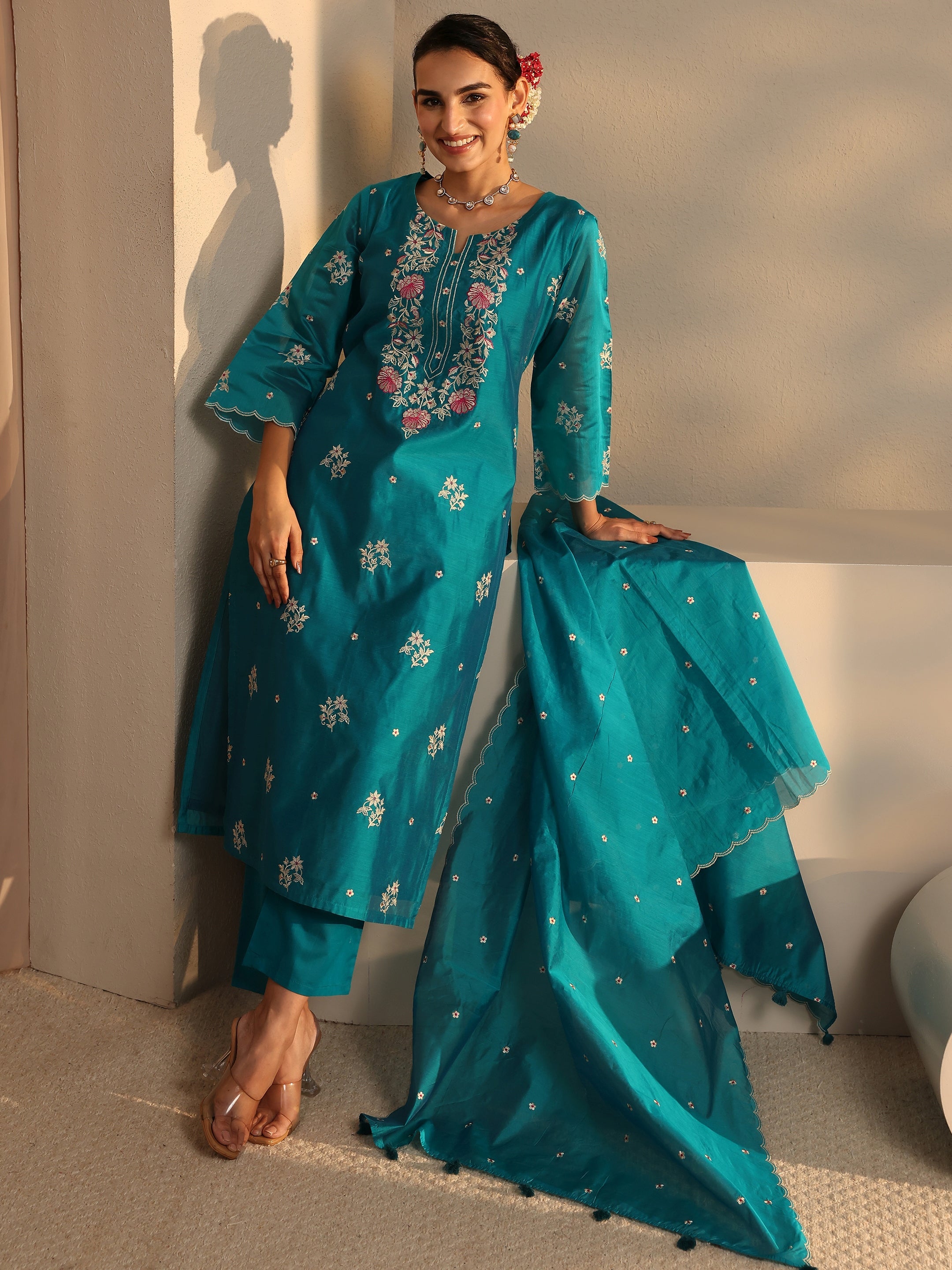 Libas Art Blue Embroidered Silk Blend Straight Suit Set With Dupatta-picture-17