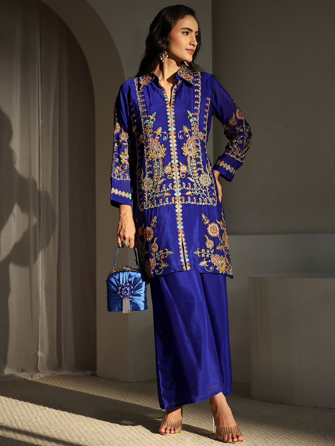 Libas Art Blue Floral Embroidered Chinon Co-Ord Set-picture-42