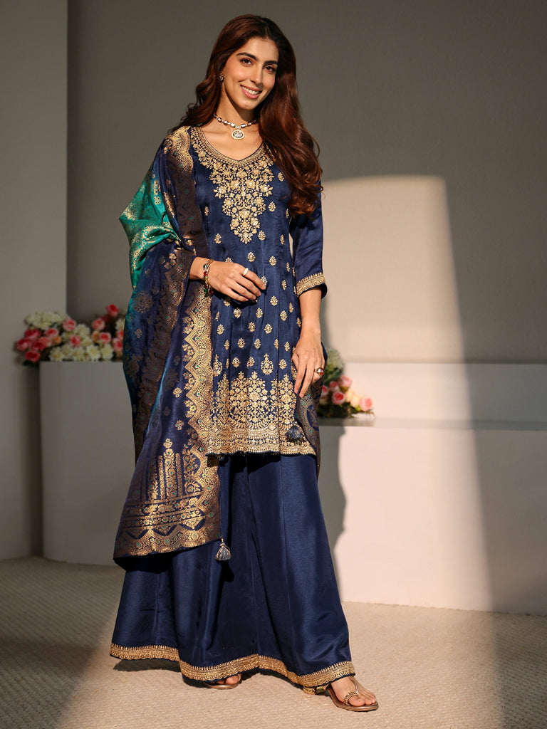 Libas Art Blue Floral Embroidered Silk Blend A-Line Suit Set With Dupatta