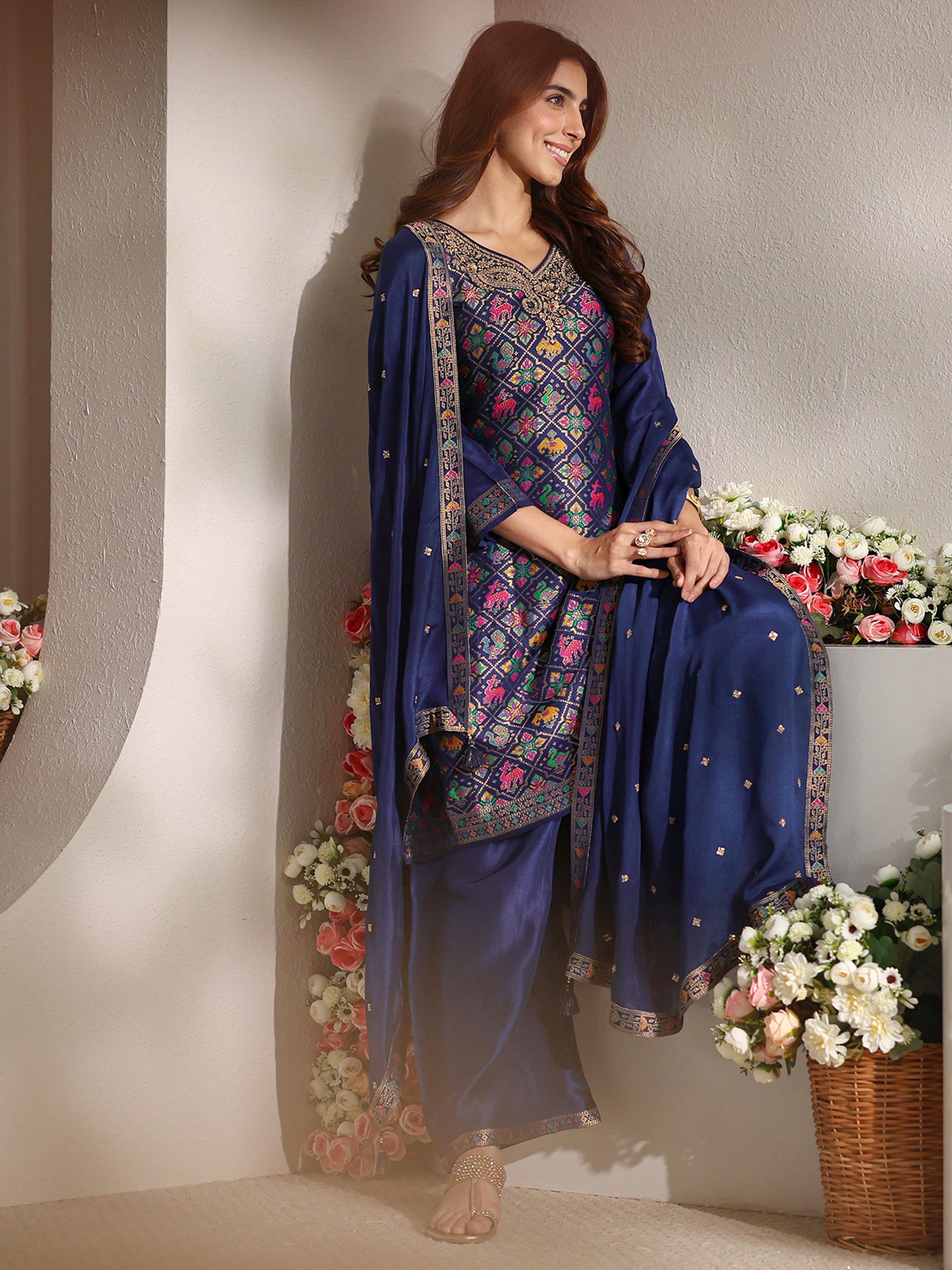 Libas Art Blue Patola Woven Design Silk Blend Straight Suit Set With Dupatta-image-44