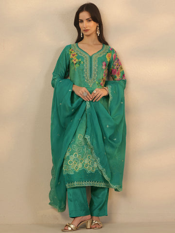 Blue Printed Crepe Straight Suit Set With Dupatta