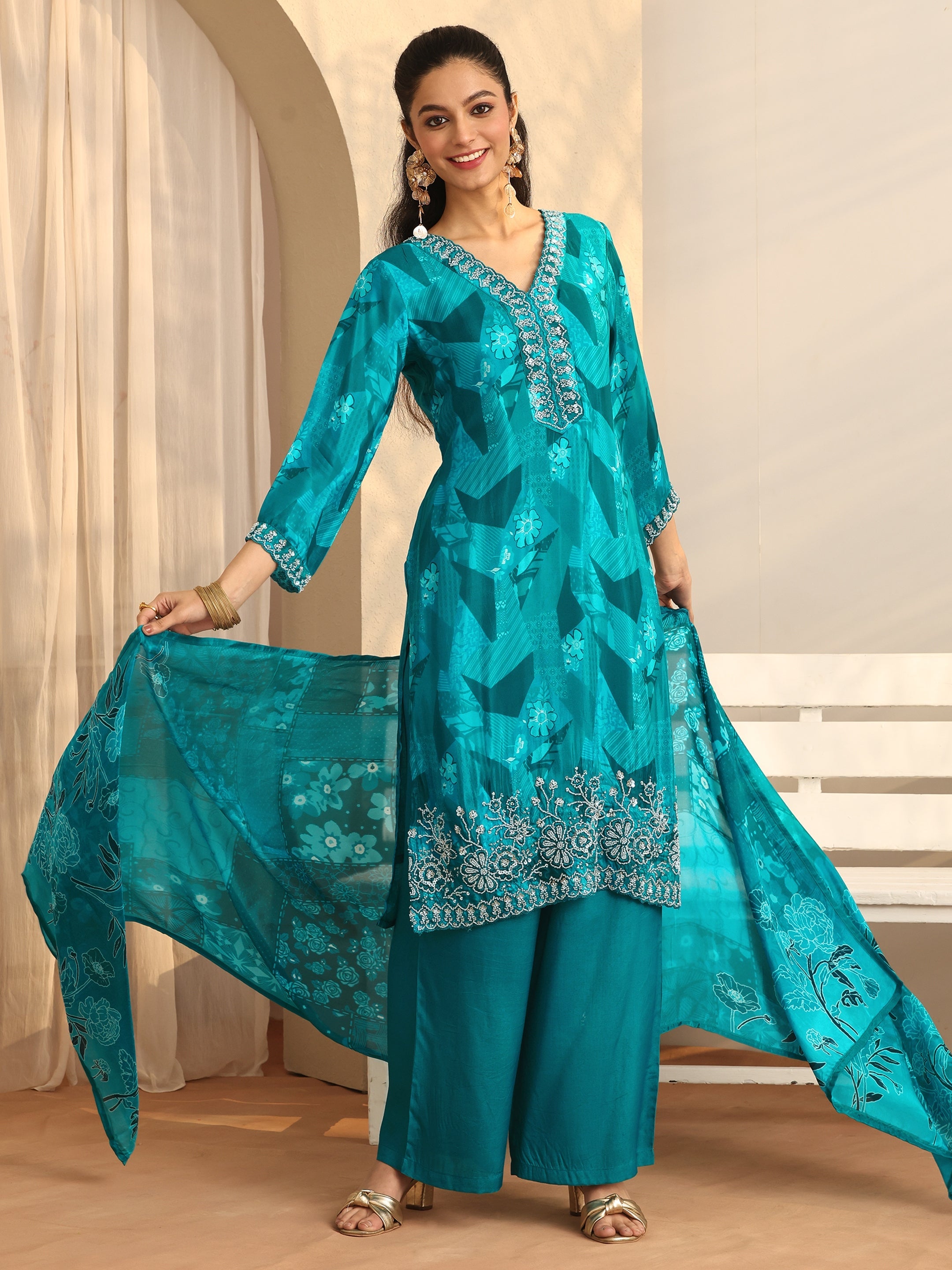 Libas Art Blue Printed Silk blend Straight Suit Set With Dupatta-picture-26
