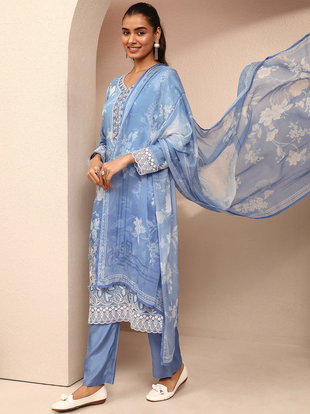 Libas Art Blue Printed Silk Blend Straight Suit Set With Dupatta
