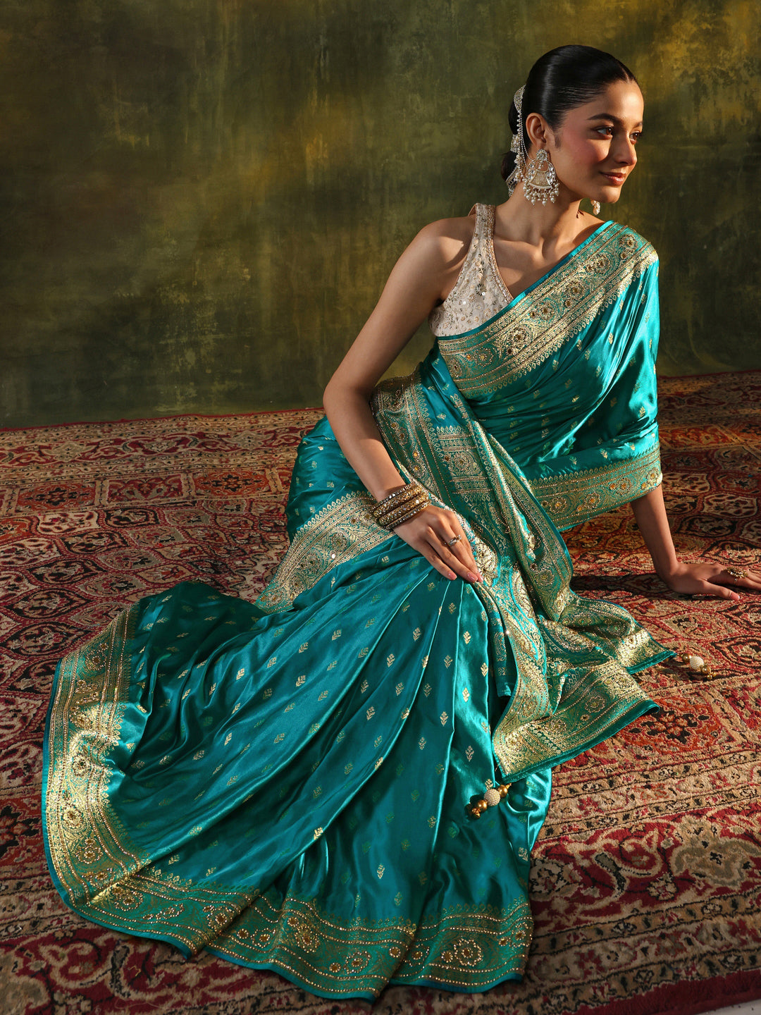  Libas Art Blue Woven Design Satin Banarasi Saree With Unstitched Blouse Piece 