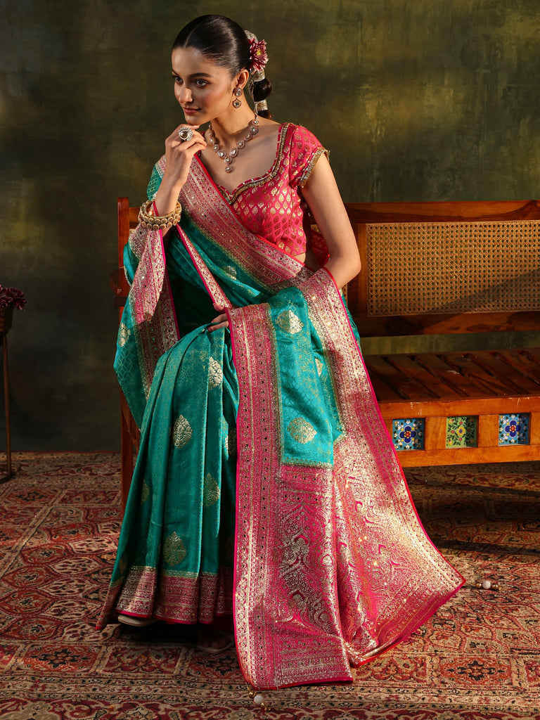Libas Art Blue Woven Design Silk Blend Banarasi Saree With Unstitched Blouse Piece