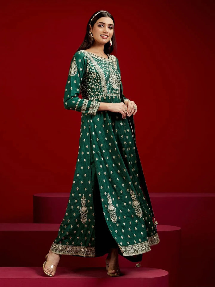 Libas Art Bottle Green Embroidered Silk A-Line Kurta With Trousers & Dupatta - Libas