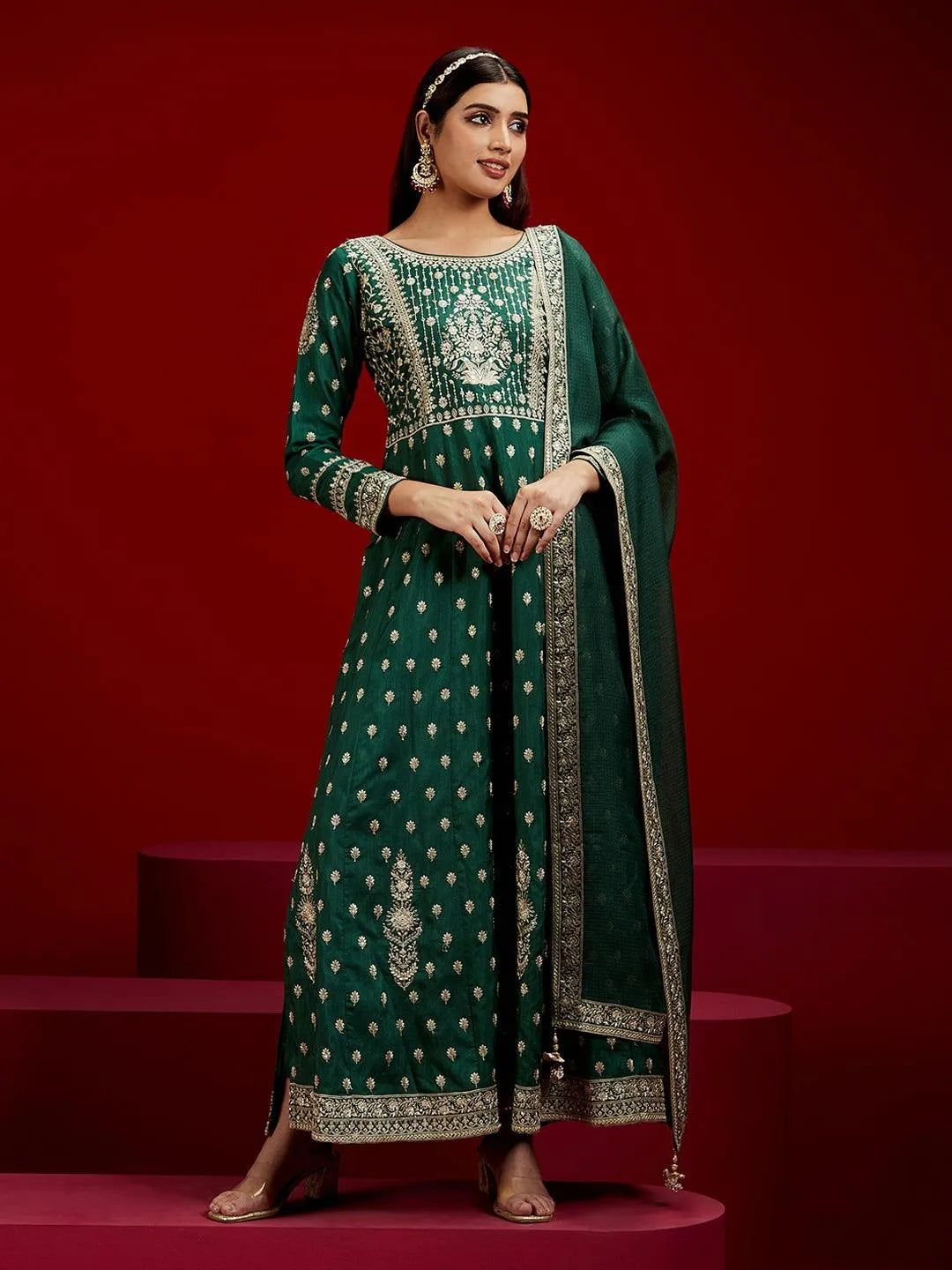 Libas Art Bottle Green Embroidered Silk A-Line Kurta With Trousers & Dupatta - Libas 