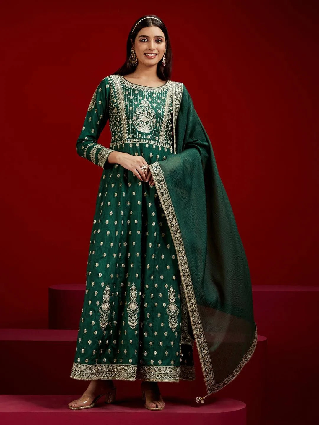 Libas Art Bottle Green Embroidered Silk A-Line Kurta With Trousers & Dupatta - Libas 