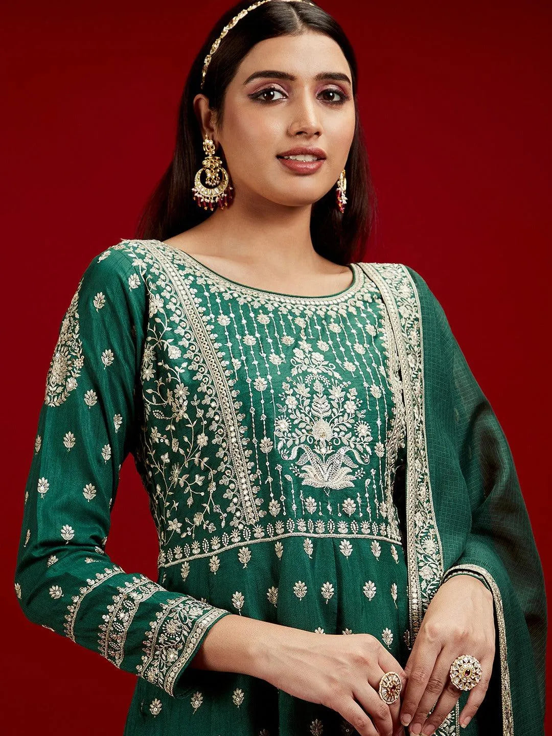 Libas Art Bottle Green Embroidered Silk A-Line Kurta With Trousers & Dupatta - Libas 