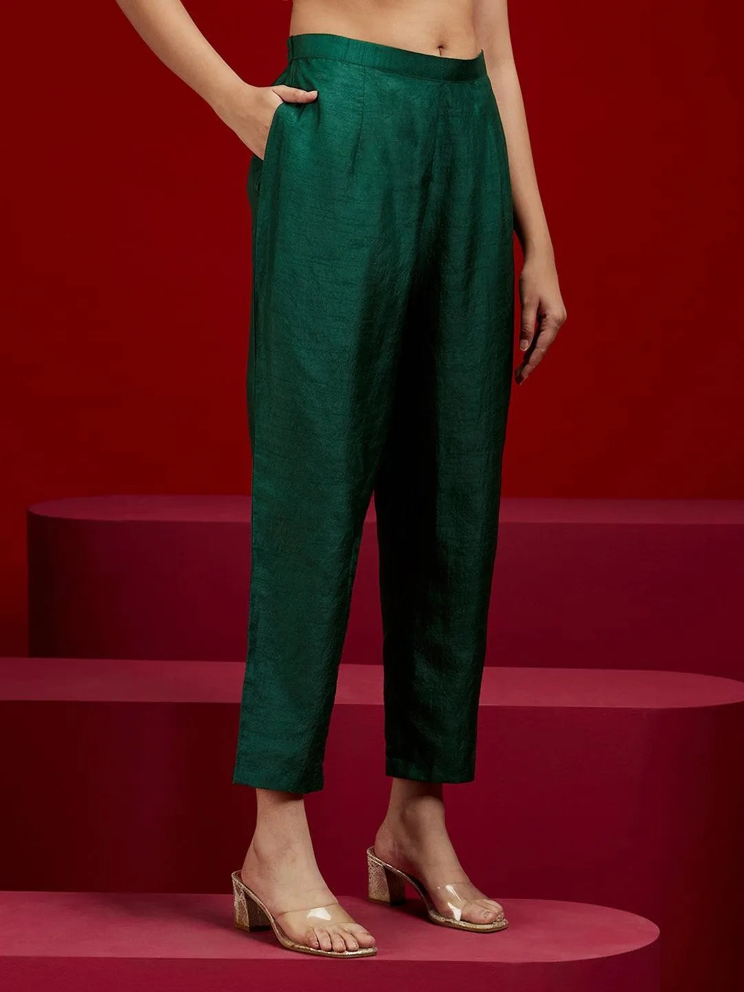 Libas Art Bottle Green Embroidered Silk A-Line Kurta With Trousers & Dupatta - Libas 