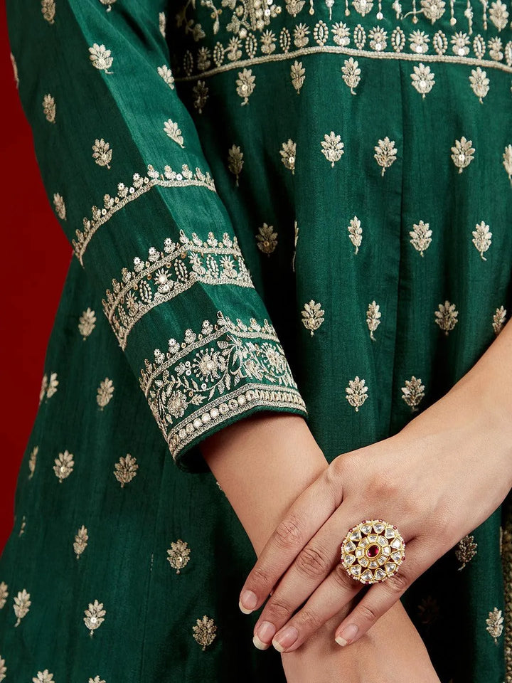Libas Art Bottle Green Embroidered Silk A-Line Kurta With Trousers & Dupatta - Libas