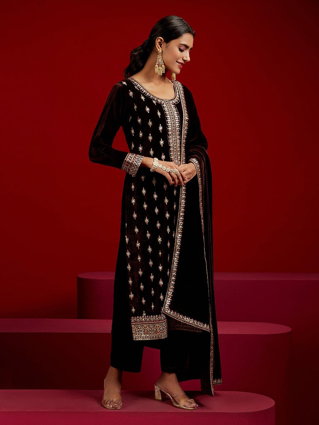 Libas Art Brown Embroidered Velvet Straight Suit With Dupatta