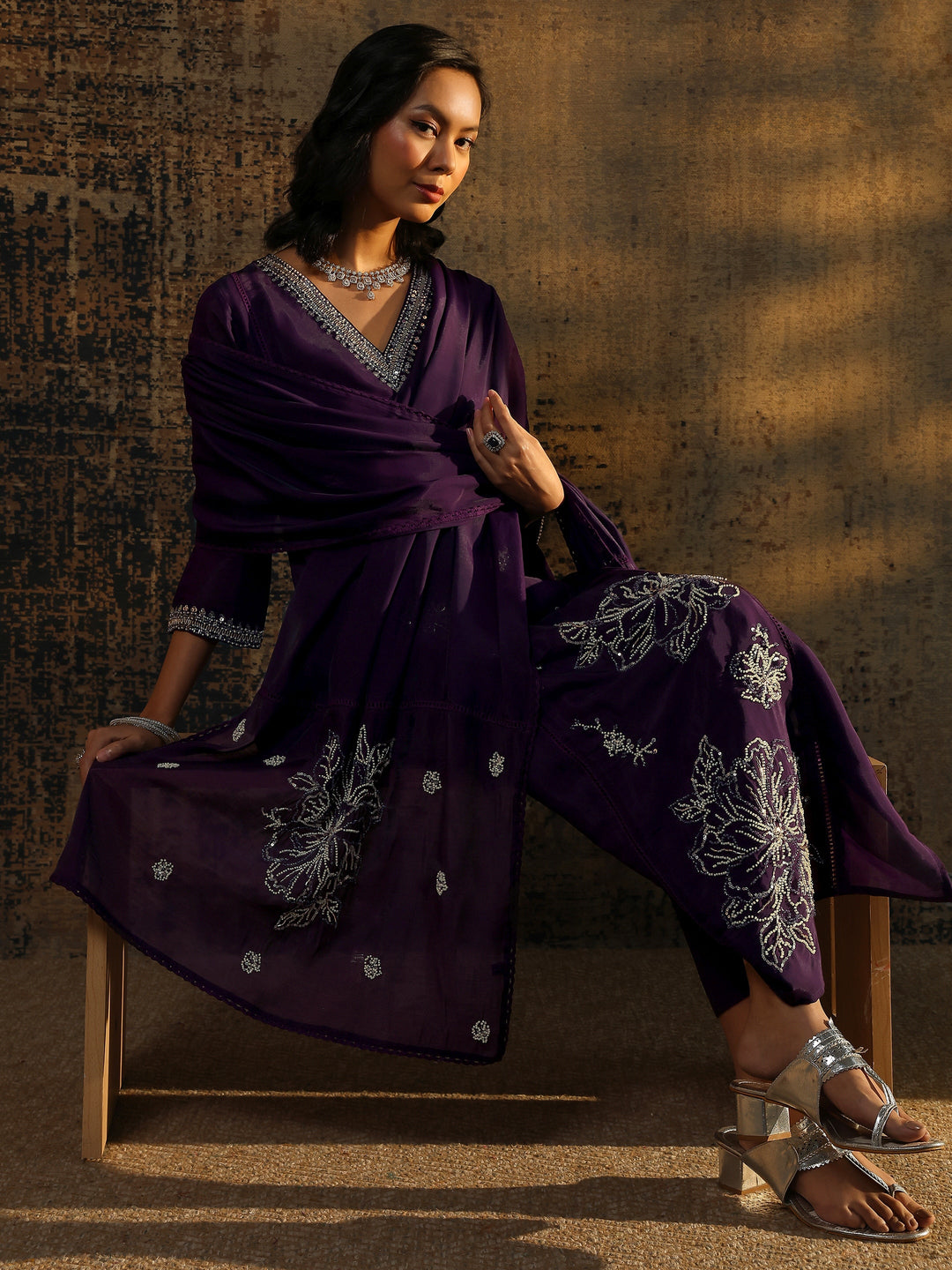 Libas Art Burgundy Embellished Silk Blend Straight Suit Set With Dupatta