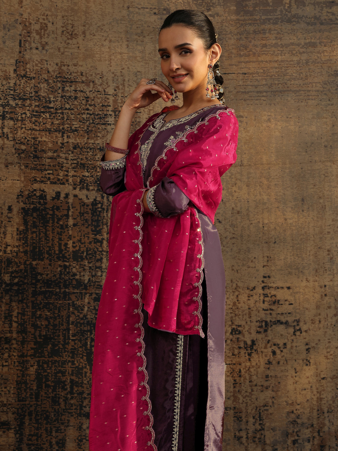 Libas Art Burgundy Embroidered Organza Straight Suit Set With Dupatta
