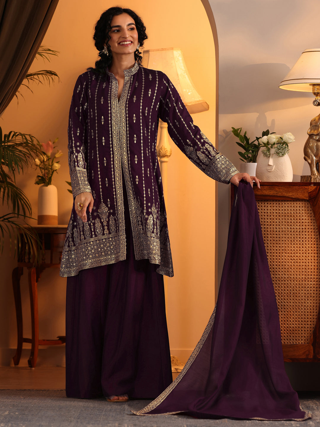 Libas Art Burgundy Embroidered Silk Blend Straight Suit Set With Dupatta