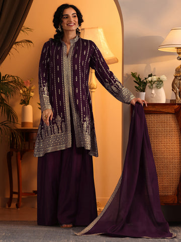 Burgundy Embroidered Silk Blend Straight Suit Set With Dupatta