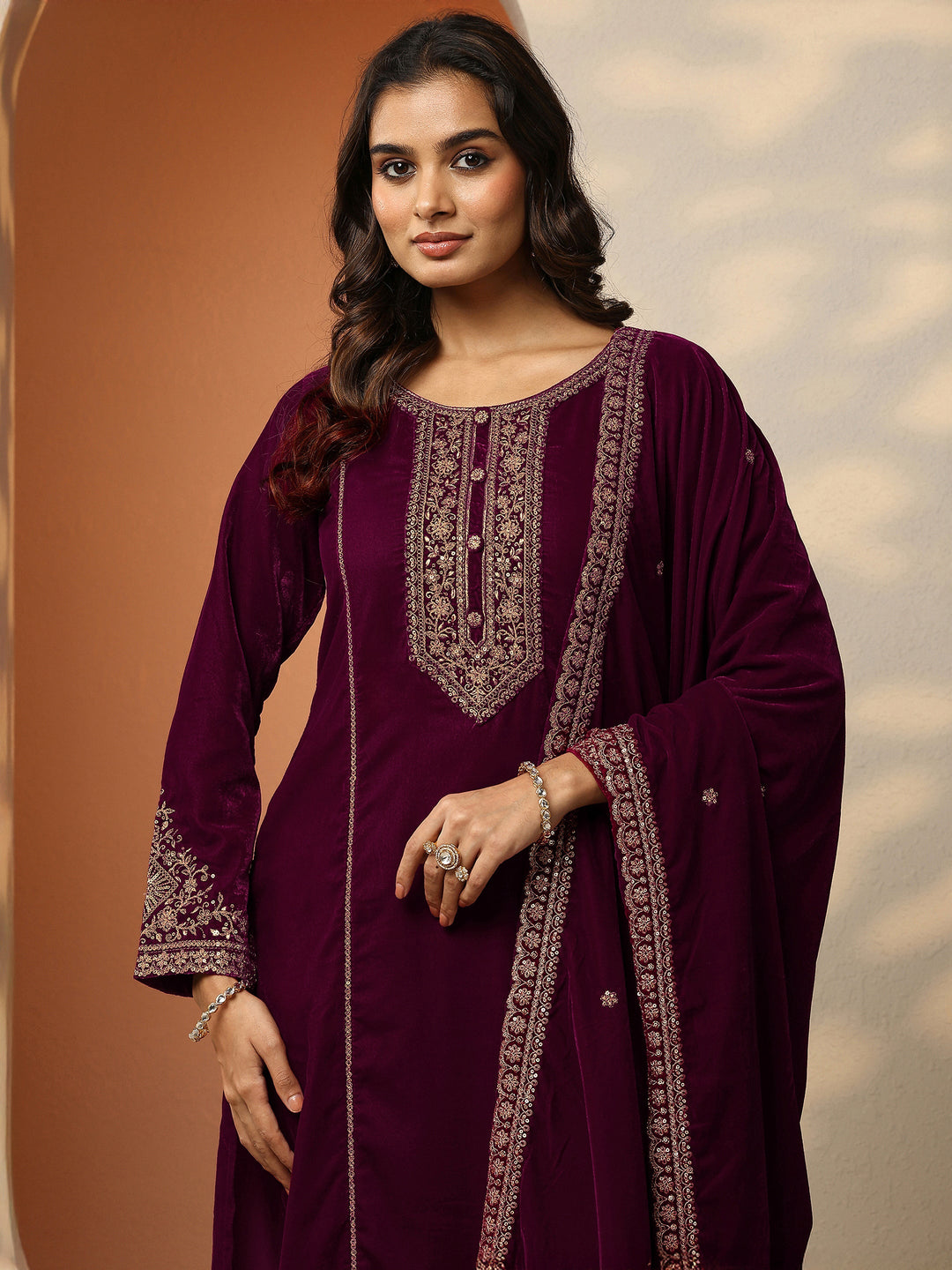  Libas Art Burgundy Embroidered Velvet Straight Suit Set With Dupatta 