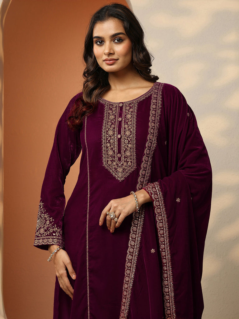 Libas Art Burgundy Embroidered Velvet Straight Suit Set With Dupatta