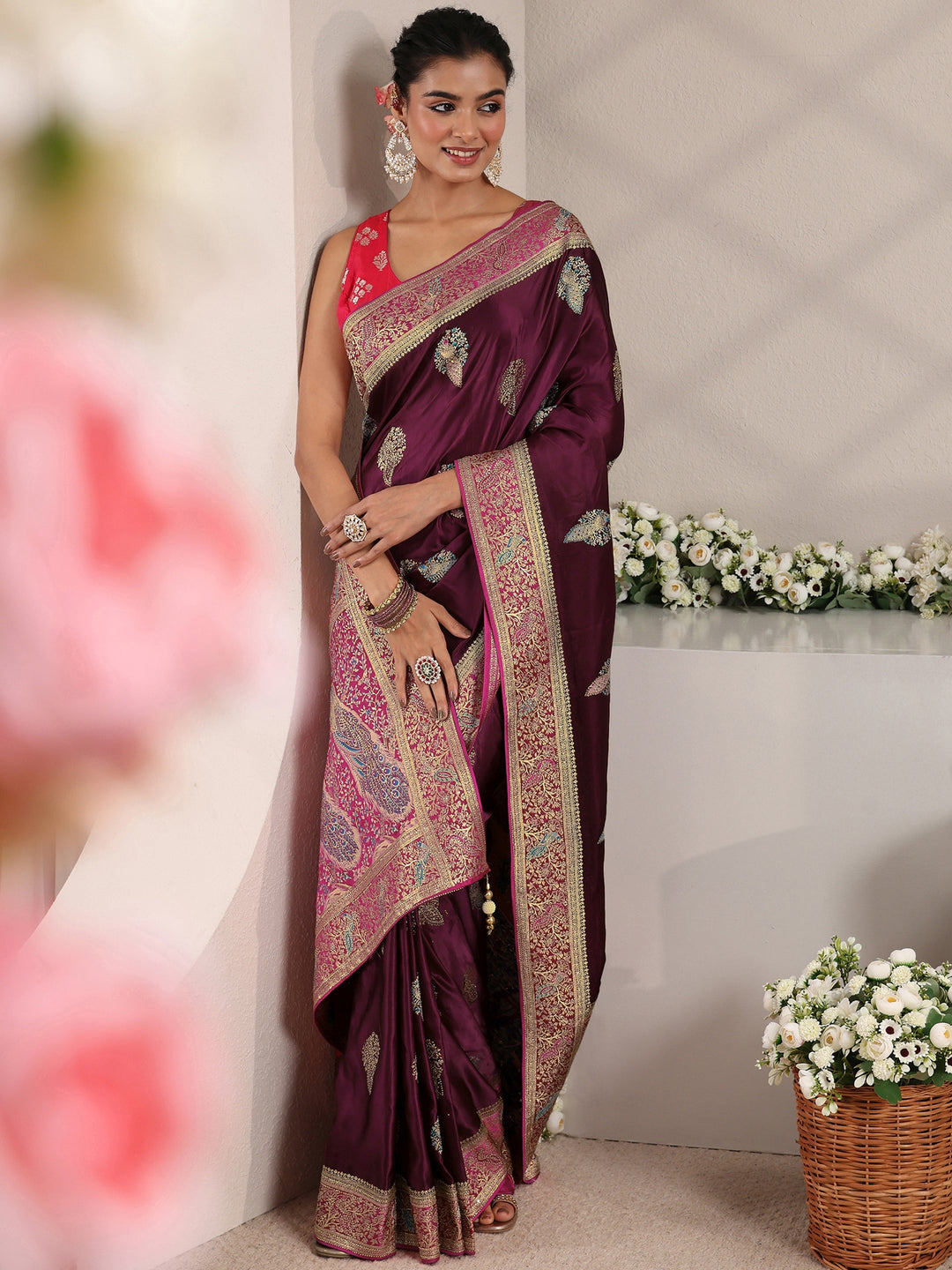  Libas Art Burgundy Ethnic Woven Design Satin Saree With Unstitched Blouse Piece 