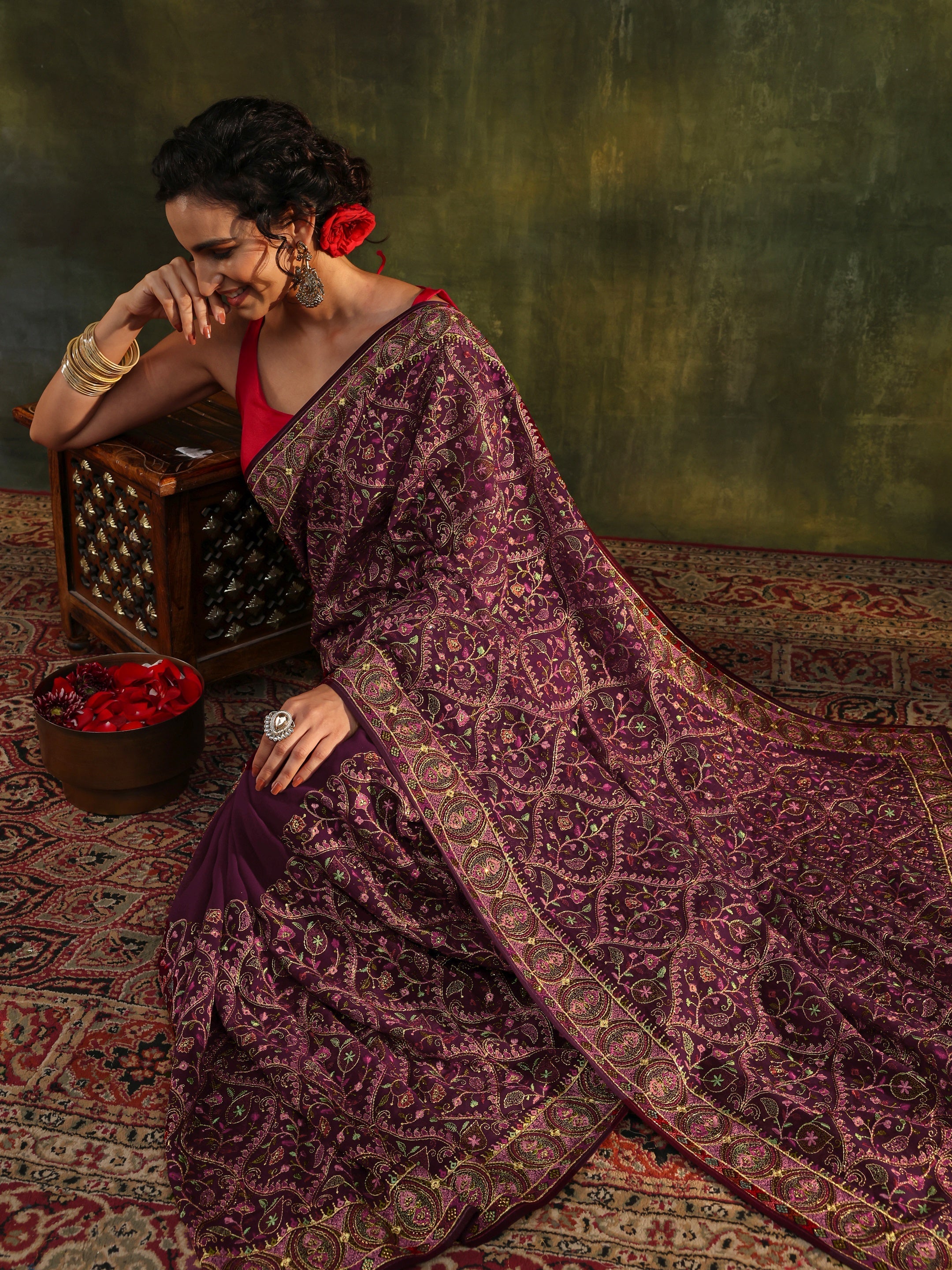 Libas Art Burgundy Jamawar Embroidered Georgette Saree With Unstitched Blouse Piece-image-46