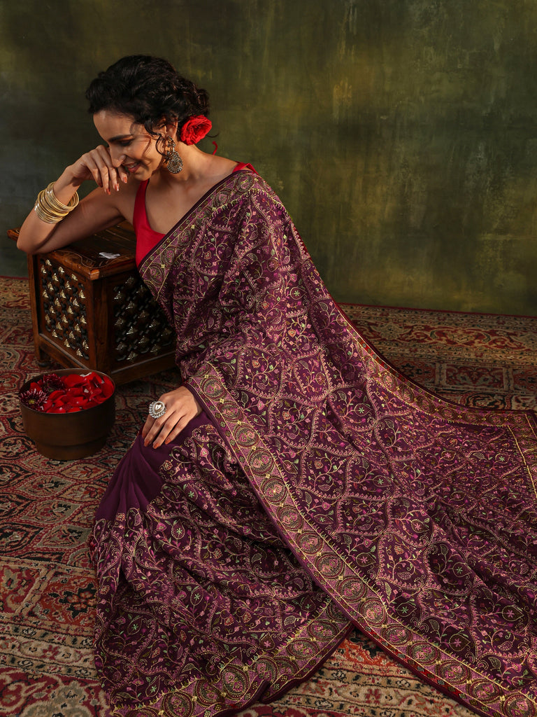 Libas Art Burgundy Jamawar Embroidered Georgette Saree With Unstitched Blouse Piece