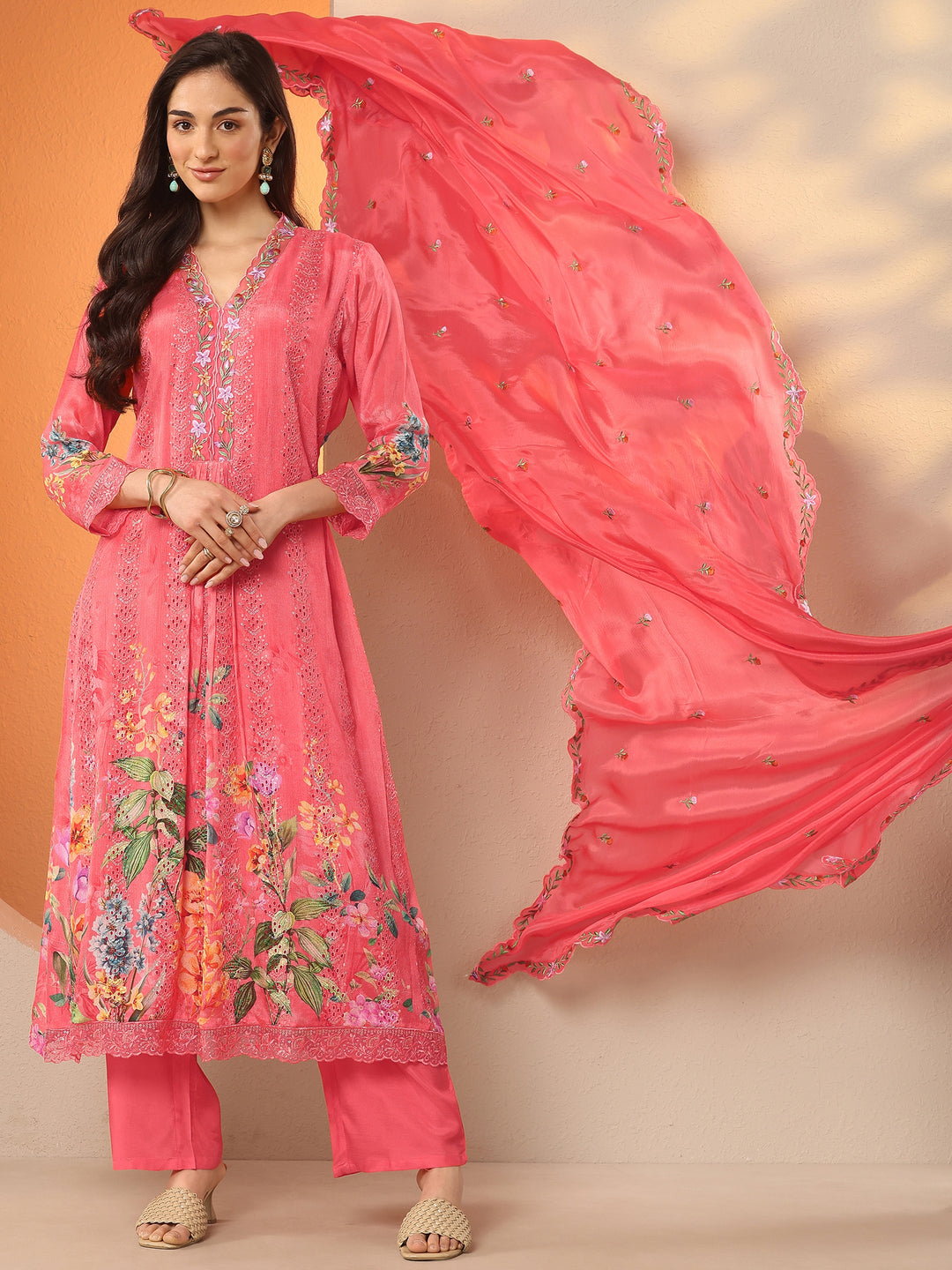 Libas Art Coral Embroidered Chinon Straight Suit Set With Dupatta