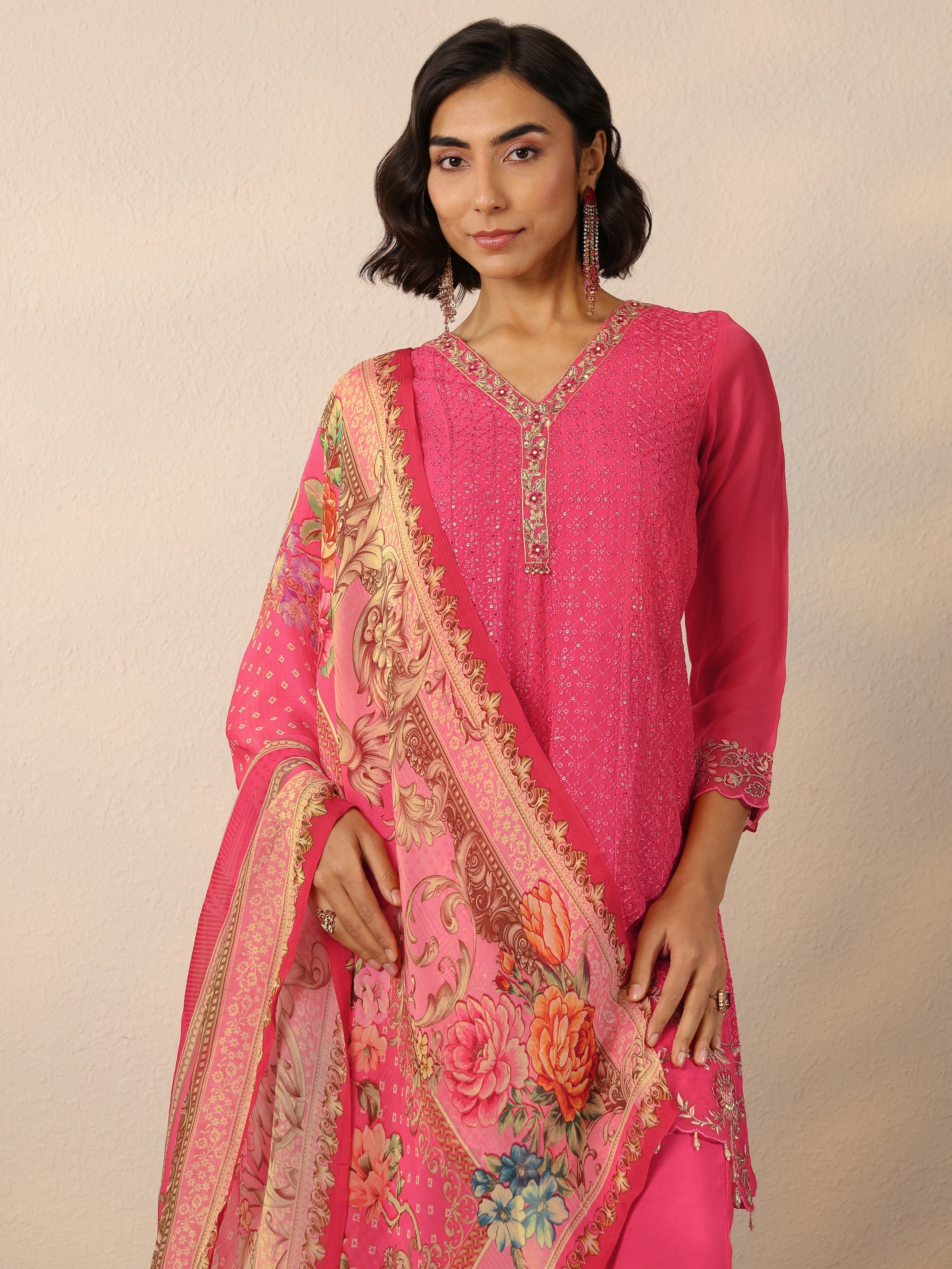 Coral Embroidered Organza Suit Set With Dupatta-image-6