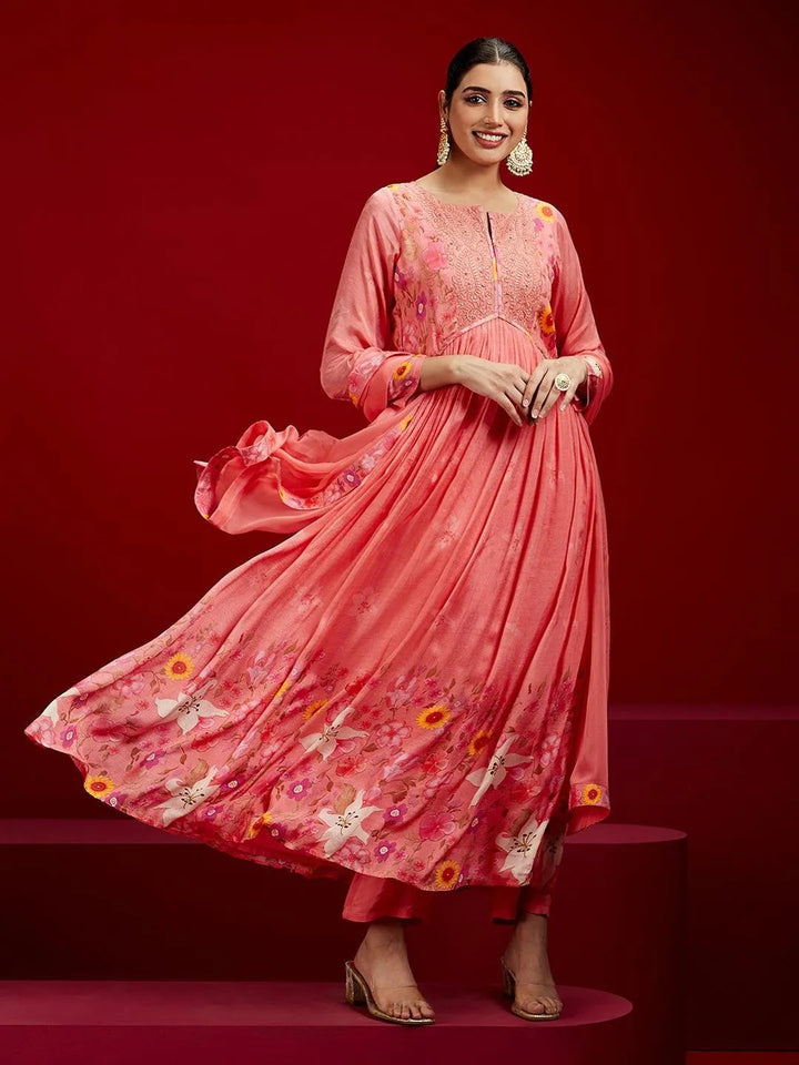 Libas Art Coral Printed Silk Chiffon Anarkali Kurta With Trousers & Dupatta - Libas