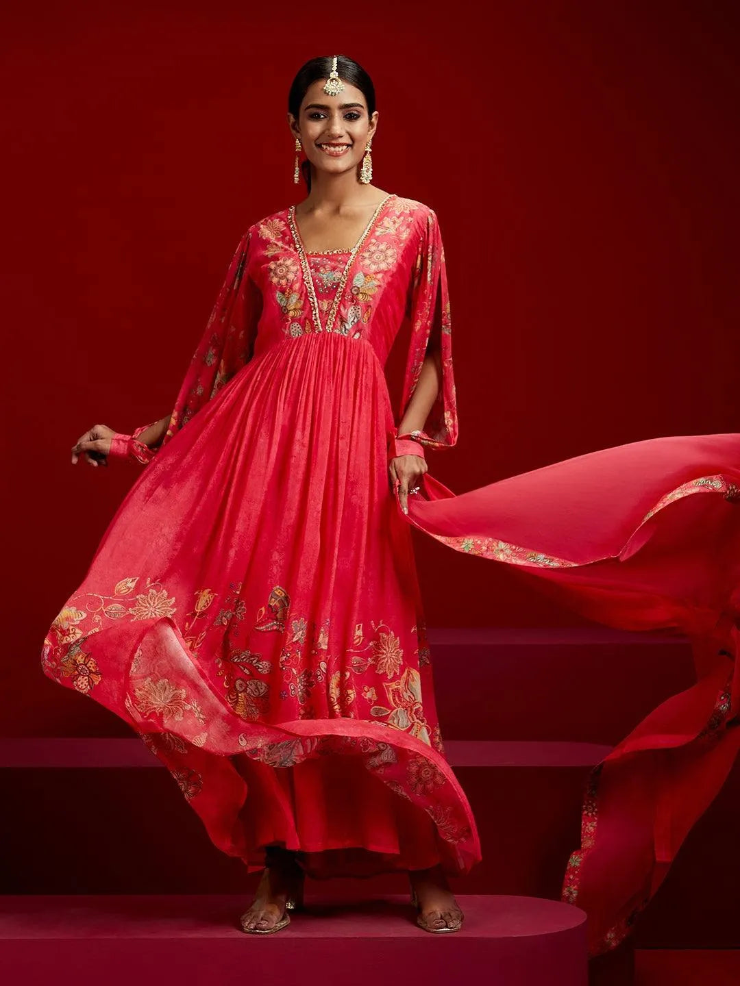 Buy Libas Art Coral Printed Silk Anarkali Suit With Dupatta Online at ...