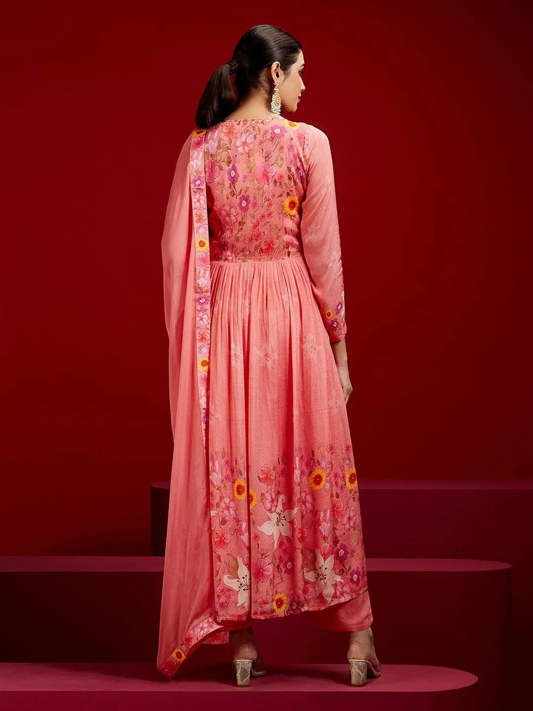 Libas Art Coral Printed Silk Chiffon Anarkali Kurta With Trousers & Dupatta - Libas