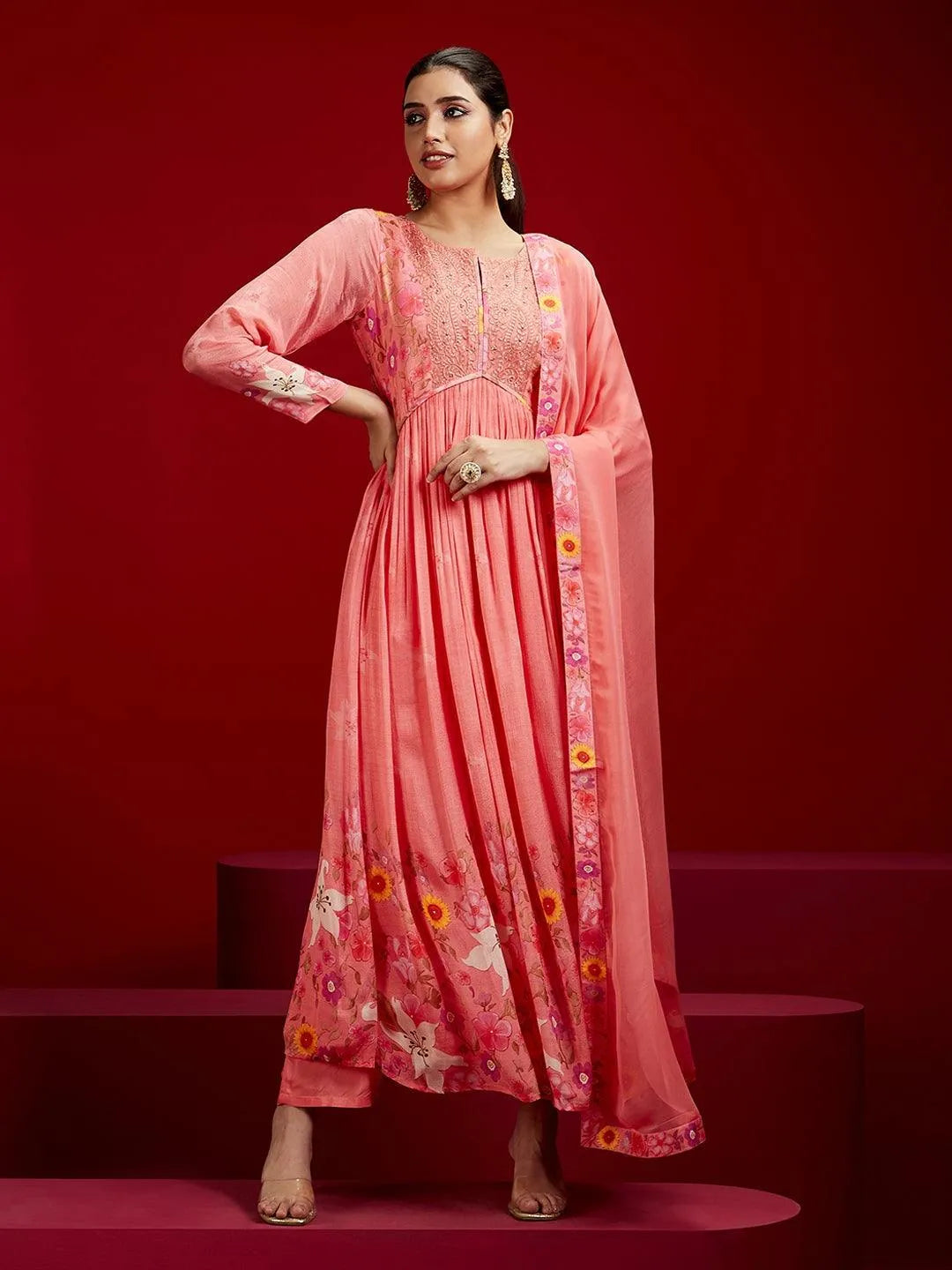 Libas Art Coral Printed Silk Chiffon Anarkali Kurta With Trousers & Dupatta - Libas 